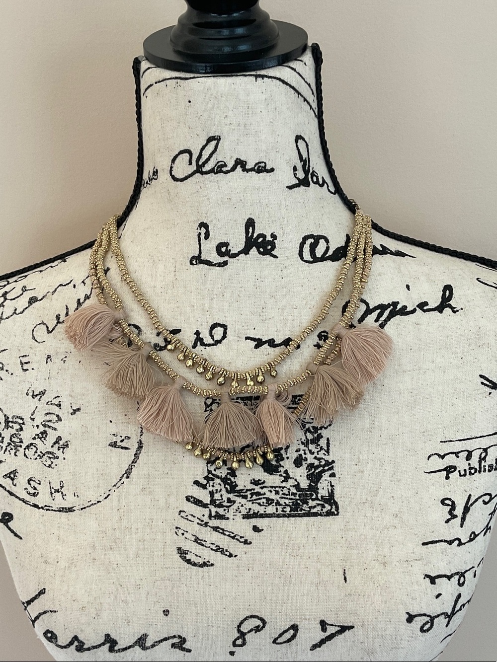 Bluma Project Luna Three-Tiered Tassel Necklace Sand and Gold Tone Boho Statemen